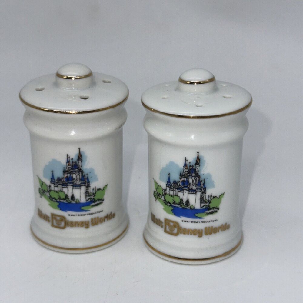 Vintage 70’Walt Disney World Castle Scene Gold Trim Salt & Pepper Shakers, Japan